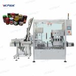 Máquina automática de tapado al vacío de frascos de vidrio con tres cabezales para salsas en línea