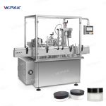 Línea automática rotativa de llenado y sellado de frascos de crema cosmética con tapas de rosca