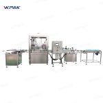 Línea automática de llenado, tapado, etiquetado y taponado de botellas cosméticas pequeñas